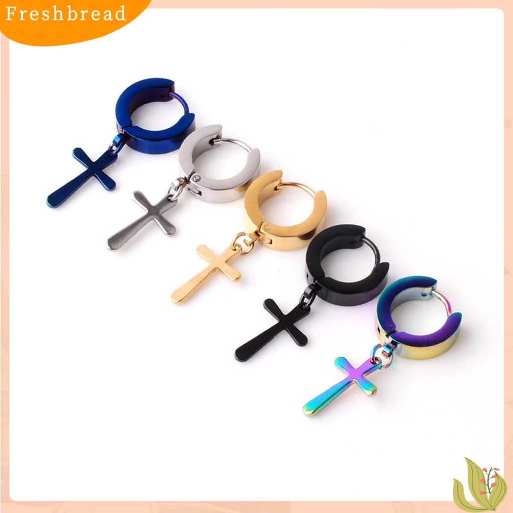 &lt; Freshbread &gt; 1Pc Unisex Anting Menjuntai Salib Gaya Korea Stainless Steel Simple Bright Luster Hoop Earring Untuk Pakaian Sehari-Hari