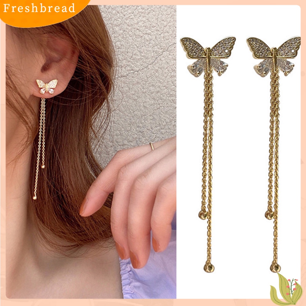 &lt; Freshbread &gt; 1pasang Lady Stud Earrings Indah Berlian Imitasi Mengkilap Kupu-Kupu Bentuk Drop Earrings Perhiasan Wanita