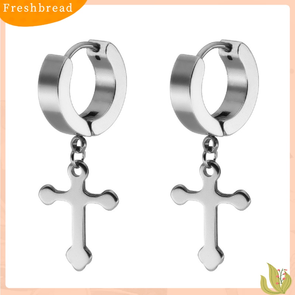 &lt; Freshbread &gt; 1pasang Anting Salib Menjuntai Tahan Lama Gaya Liontin Baja Titanium Pria Wanita Dewasa Liontin Salib Hoop Earring Untuk Pesta