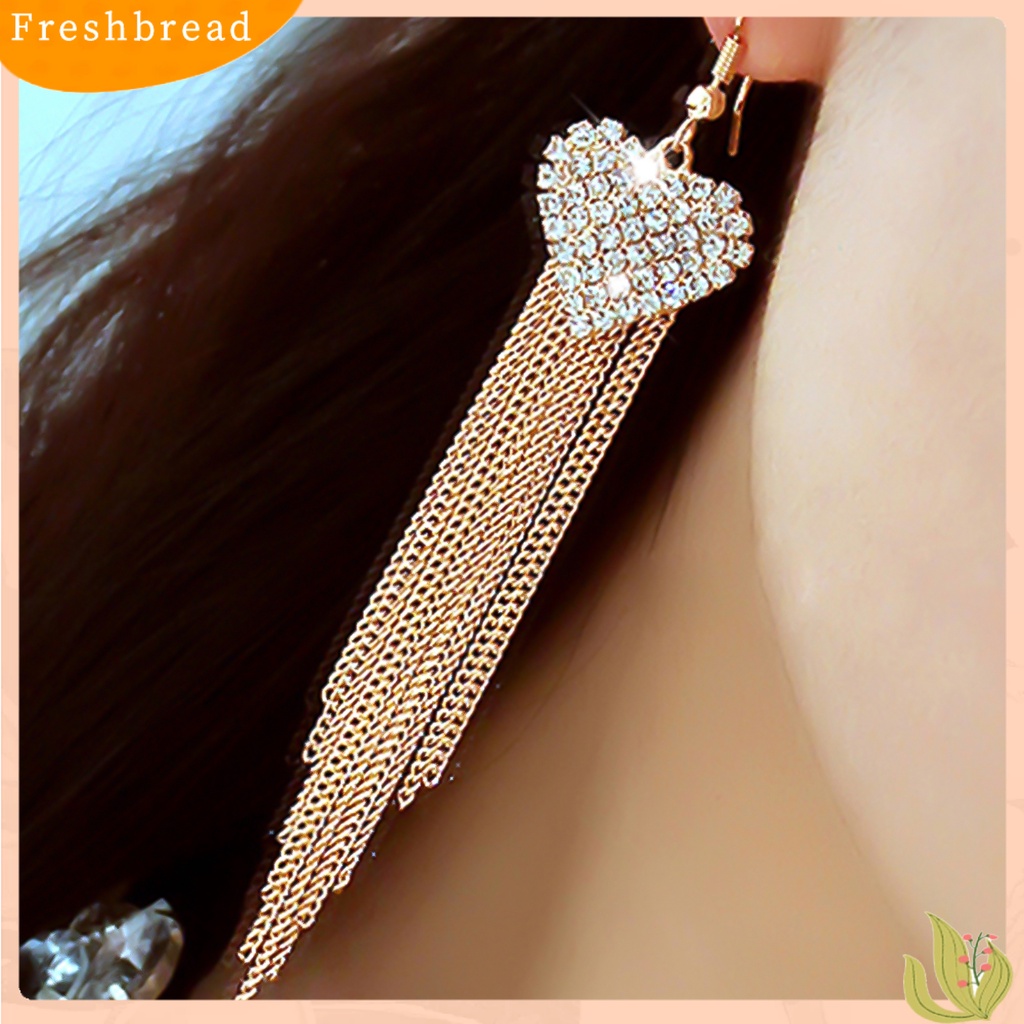 &lt; Freshbread &gt; Anting Linear Love Bentuk Hati Hias Berlian Imitasi Wanita Jumbai Panjang Menjuntai Kait Earrings Perhiasan Untuk Pesta