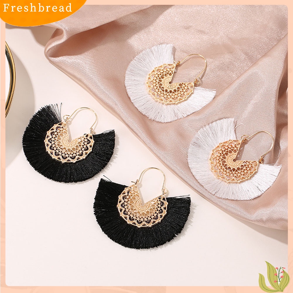 &lt; Freshbread &gt; Bohemian Wanita Berbentuk Kipas Rumbai Pinggiran Bunga Menjuntai Drop Hoop Earrings Jewelry