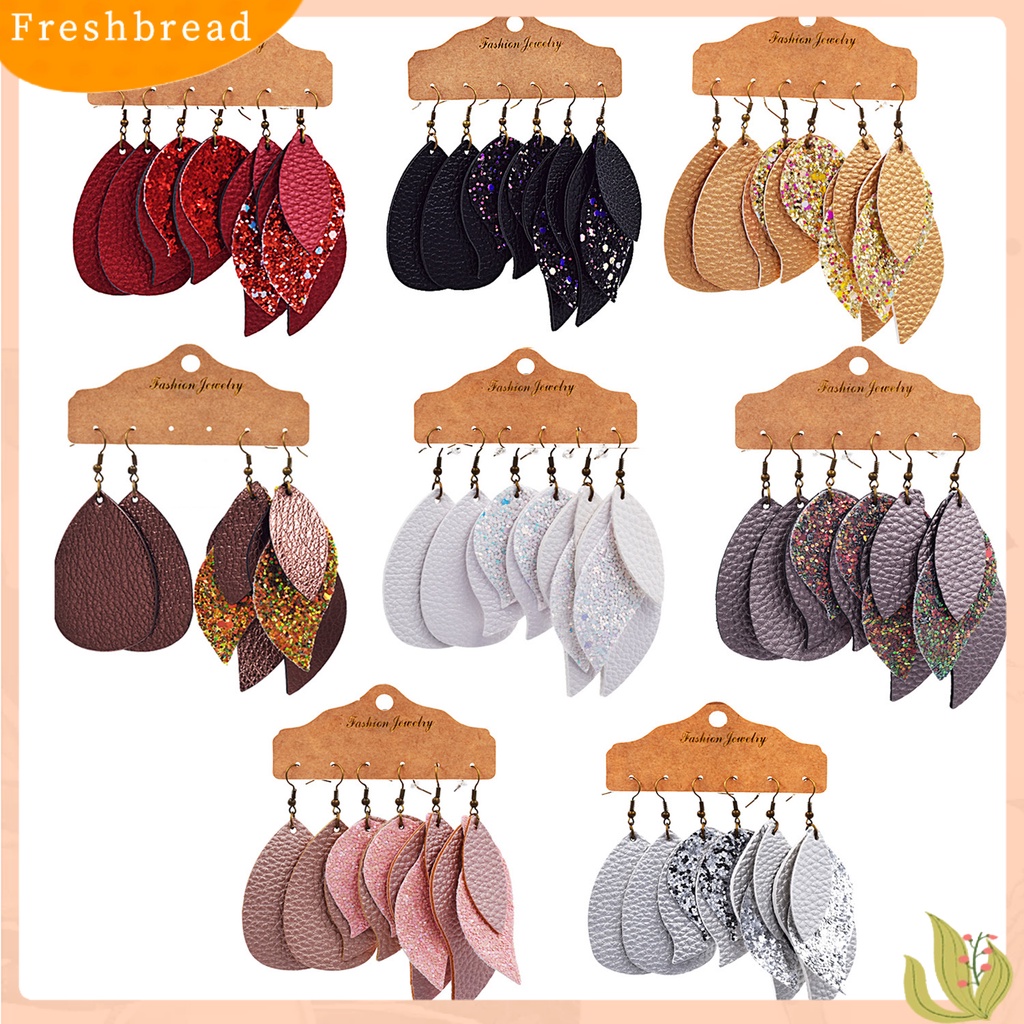 < Freshbread > 3pasang Anting Daun Shuning Juntai Bahan Kulit Imitasi Wanita Eardrops Untuk Pernikahan