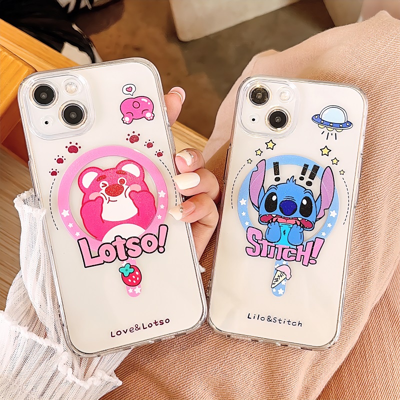 IPHONE Untuk Iphone14 13 12 11 Pro Max Magnetik Transparan Kartun Stitch Lucu Strawberry Bear Telepon Soft case