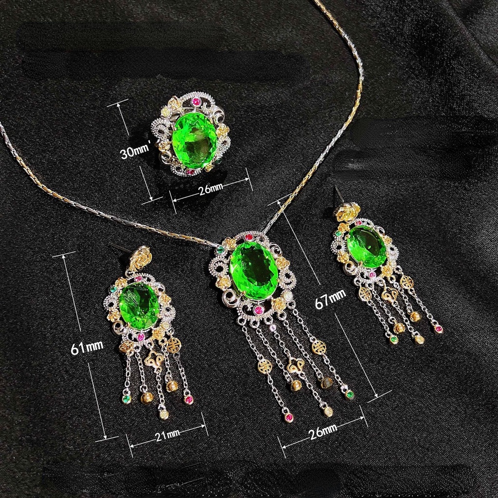 Goldkingdom Fashion Perhiasan Aksesoris Ready Stock Itali Vintage Warna Ganda Emas Olivine Set Gaya Pengadilan Rumbai Kalung Anting Panjang Harta Karun Warna-Warni Terbuka Cincin