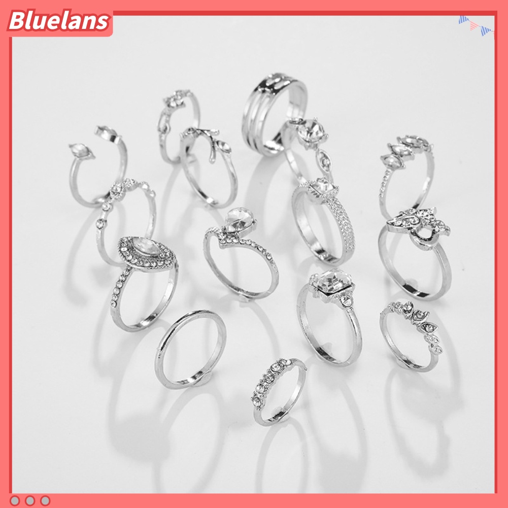 {In Stock} 15Pcs/Set Boho Wanita Berlian Imitasi Daun Hati Geometris Jari Cincin Perhiasan Hadiah