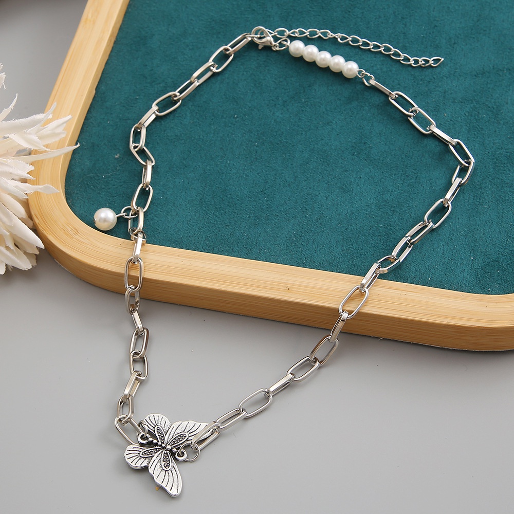 Kalung Liontin Kupu-Kupu Mutiara Simulasi Geometris Vintage Untuk Wanita Aksesoris Perhiasan Hewan