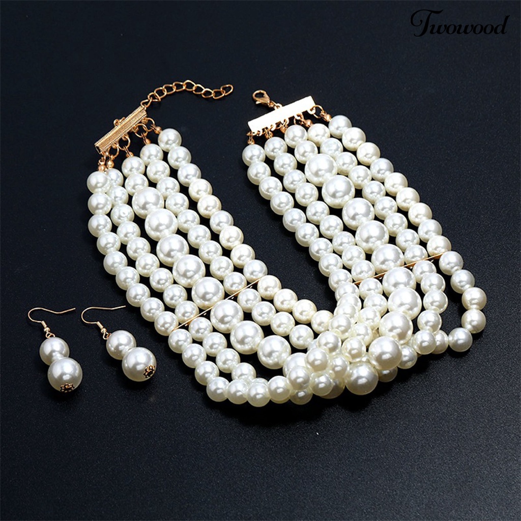 Twowood Set Perhiasan Pengantin Berlebihan Temperamen Multi-layer Manik-Manik Mutiara Imitasi Hias Hadiah Wanita Kalung Pendek Anting Set Aksesoris Gaun