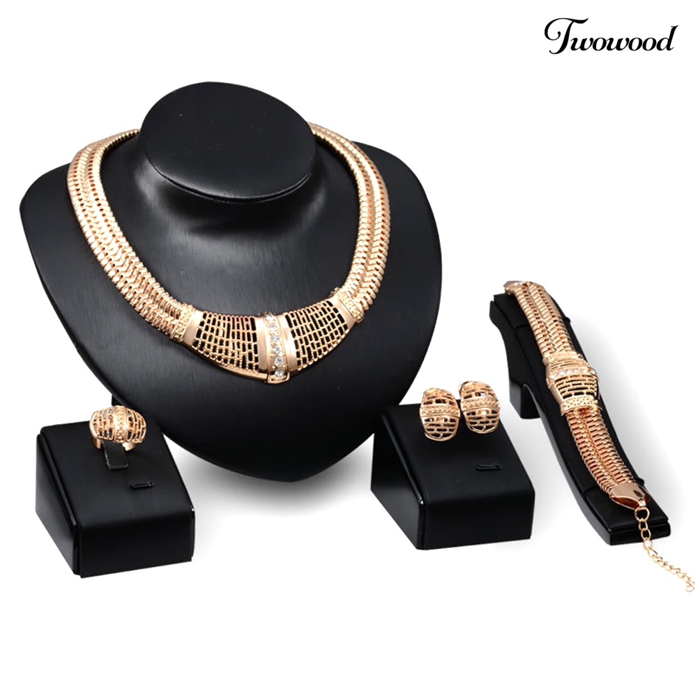 Twowood Set Perhiasan Pengantin Hollow Statement Wanita Choker Kalung Cincin Gelang Anting