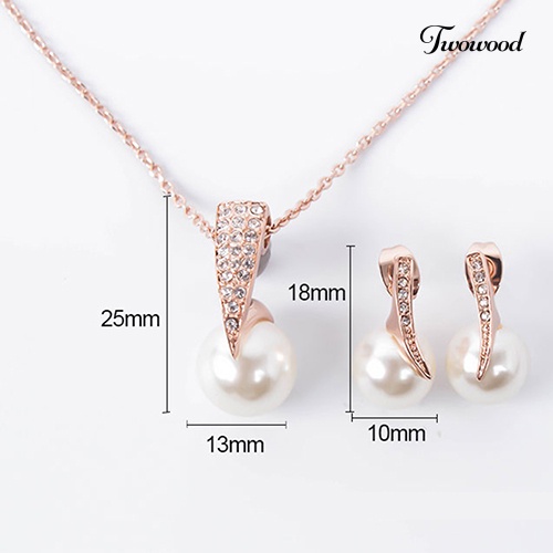 Twowood Wanita Mewah Mengkilap Berlian Imitasi Mutiara Imitasi Liontin Kalung Stud Earrings Set Perhiasan