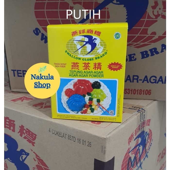 

AGAR AGAR SWALLOW GLOBE PUTIH/MERAH/HIJAU/COKLAT 1 BOX ISI 12 SACHET - Putih