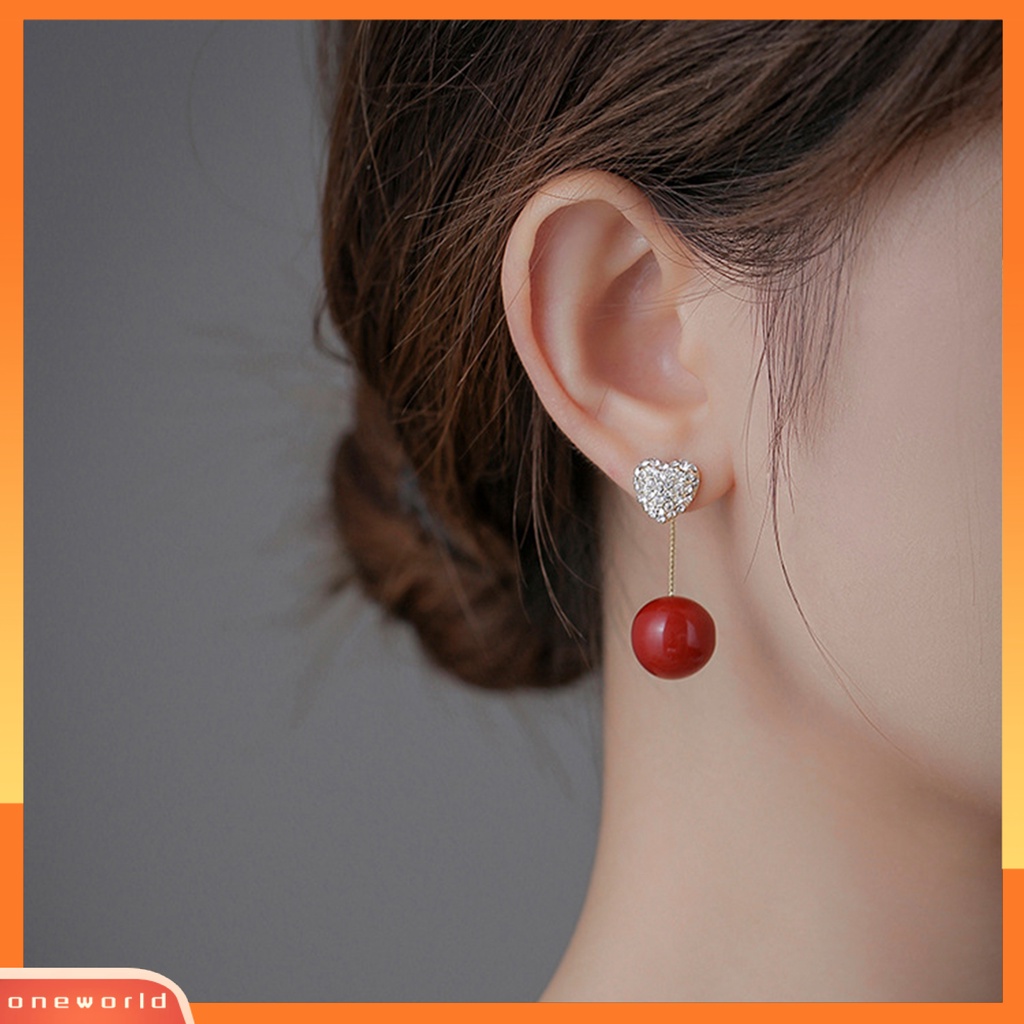 [OWR] 1pasang Ladies Earrings Berlian Imitasi Hias Cahaya Mewah Semua Pertandingan Kokoh Kompak Berdandan Paduan Faux Peal Jantung Stud Earrings Hadiah