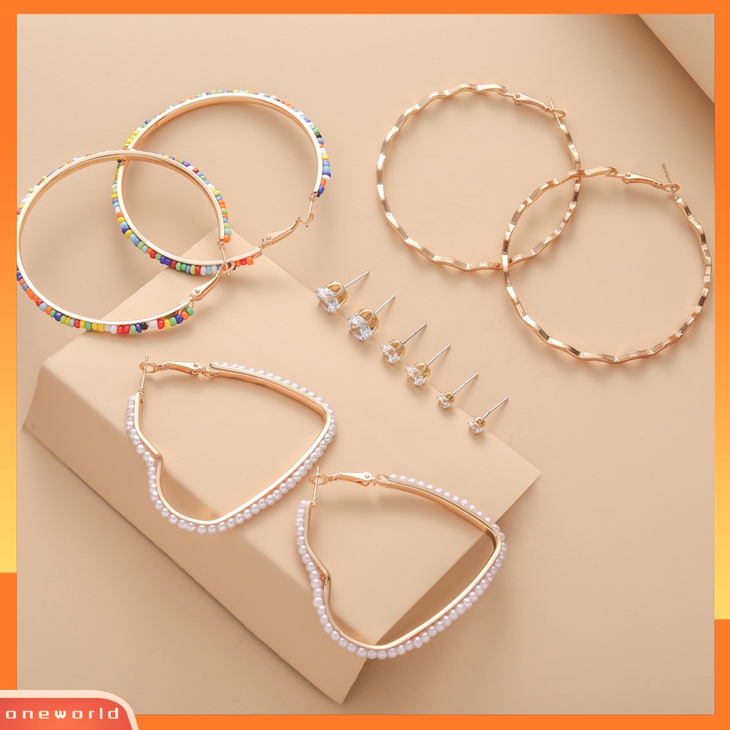 [OWR] 6pasang Hoop Earrings Set Mini Beads Rhinestones Inlay Geometris Alloy Perhiasan Elegan Dress-Up Aksesoris Lingkaran Anting Telinga Studs Pesta Malam Memakai Perhiasan Hadiah