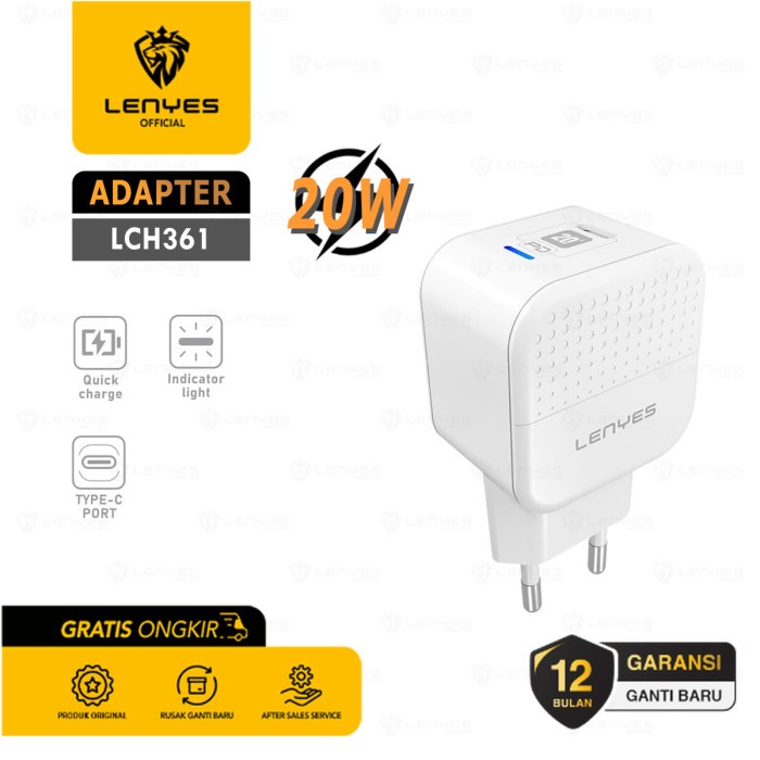 Travel Adapter Kepala Charger Lenyes LCH361 Fast Charging PD20W Type C original kabel cable casan travel charger tc android usb charger micro usb type c batok kepala charger