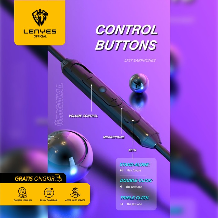 Headset Stereo LENYES LF37 Hifi Extra Bass with Handsfree Microphone handsfree earphone ear in ear bud microphone kabel tanpa