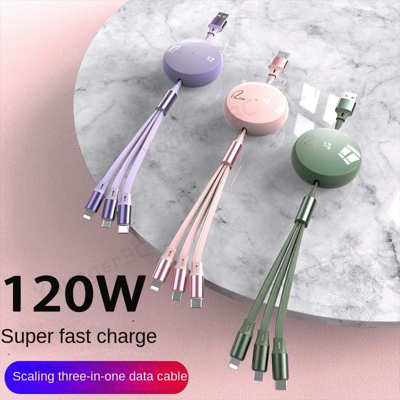 120w Kabel Pengisian Super Cepat 3in1 Charger Telepon Yang Dapat Ditarik 1M Extendable Charging Cord Untuk ios Tipe C Android