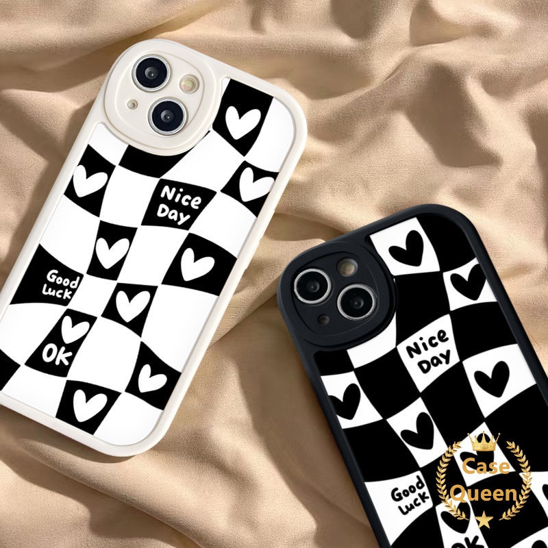 IPHONE Lucu Blok Tidak Teratur Hitam Putih Cinta Hati Kompatibel Untuk Iphone11 13 14 12 Pro Max 7plus XR 6s 7 6 8 plus XS Max X SE 2020 Pasangan Casing Soft Tpu Back Case