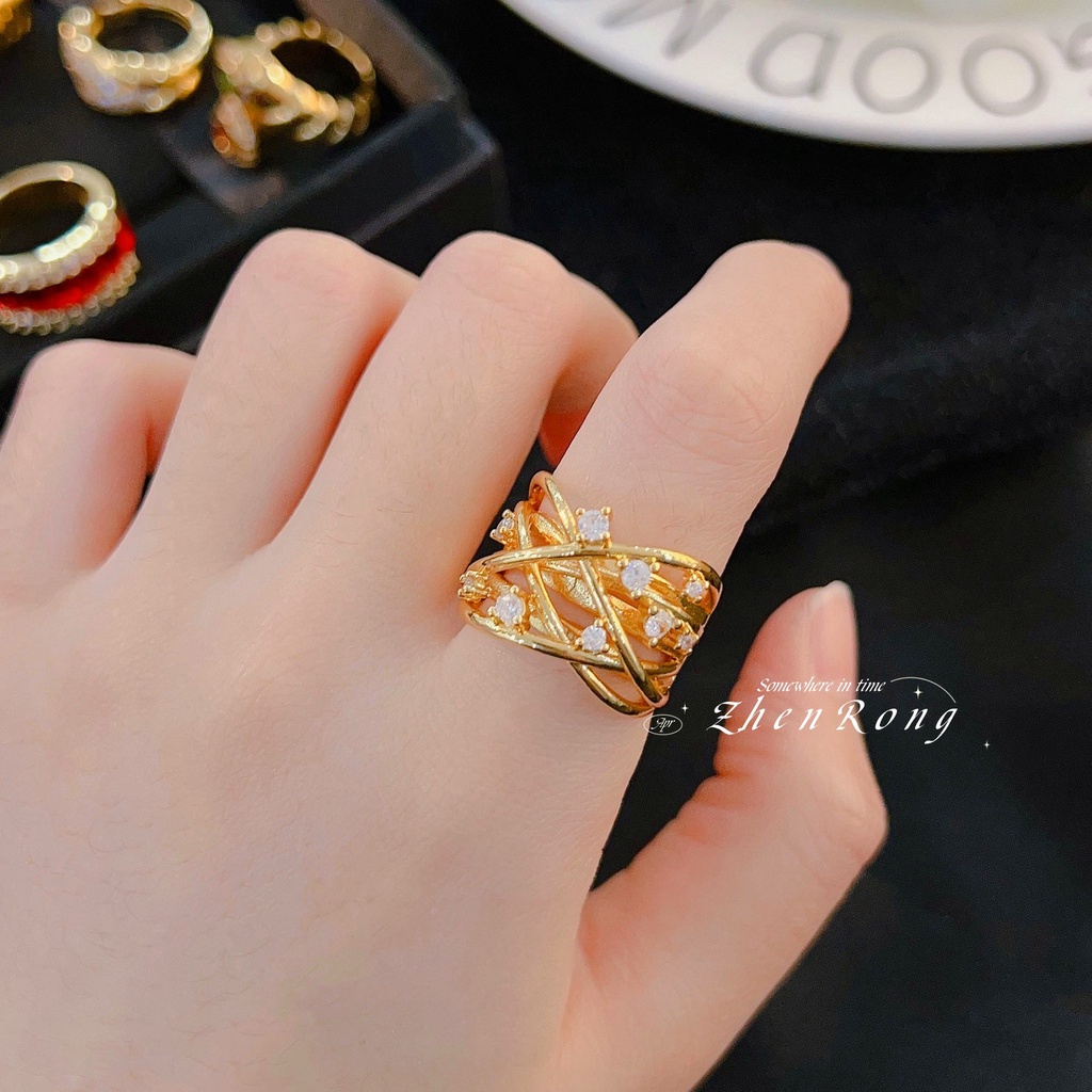 Goldkingdom Aksesoris Perhiasan Fashion Ready Stock Vintage Cincin Kaca French Vintage Berlapis Emas Micro Set Dengan Berlian Penuh Antik Colorful Treasure Ring