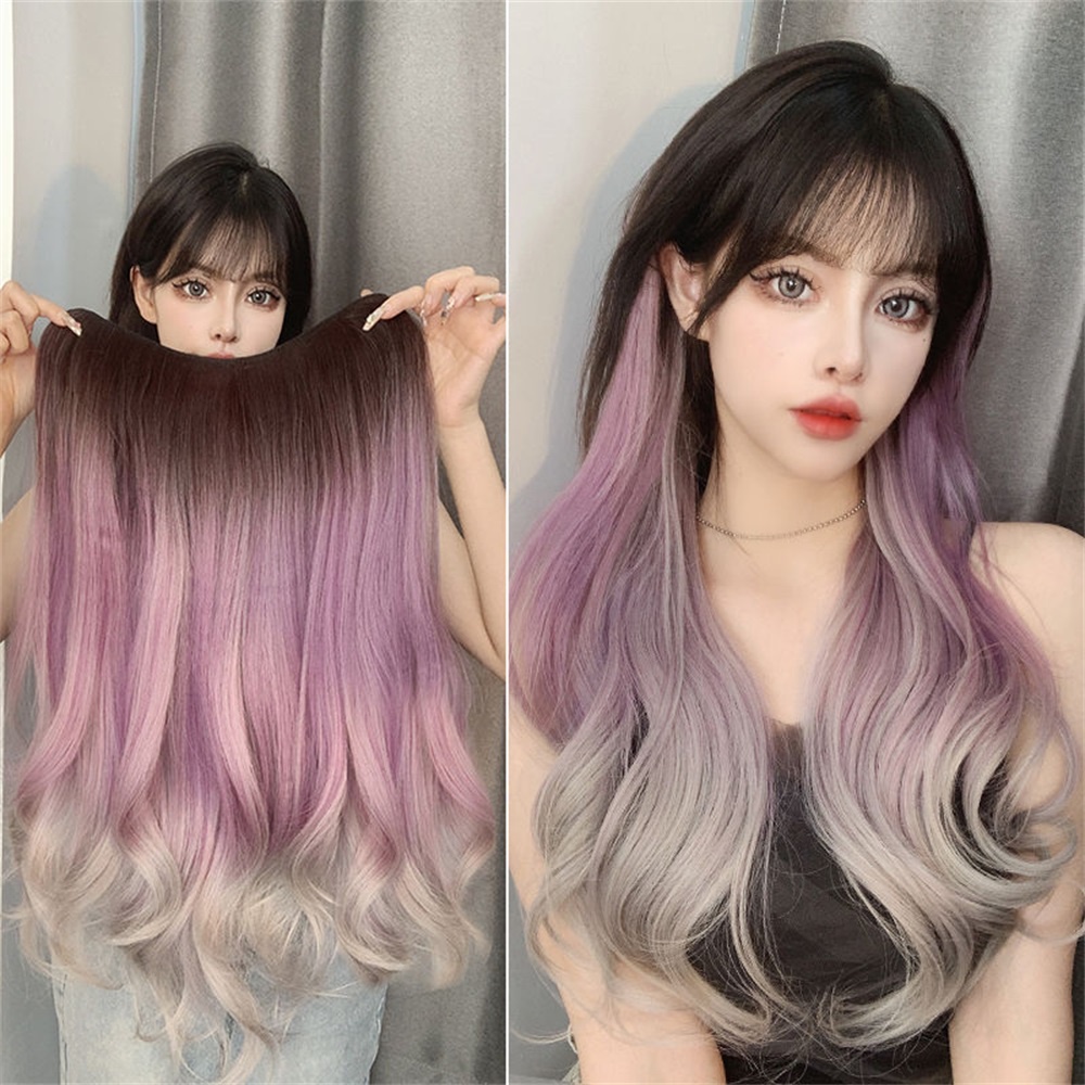 One-piece Ungu Gradien Tak Terlihat Mulus Berbentuk U Menggantung Telinga Ekstensi Rambut Wig Untuk Wanita Rambut Ponytail Panjang Besar Bergelombang Ekstensi Rambut 50 cm