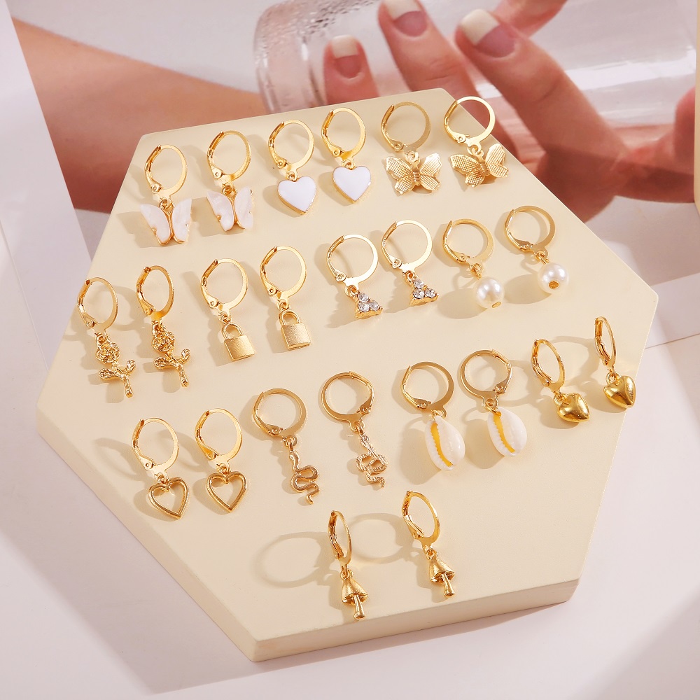 Yeezii 12pasang/set Ular Kupu-Kupu Jamur Lock Hoop Earrings Emas Zirkon Mutiara Drop Oil Shell Earring Untuk Wanita Aksesoris Perhiasan