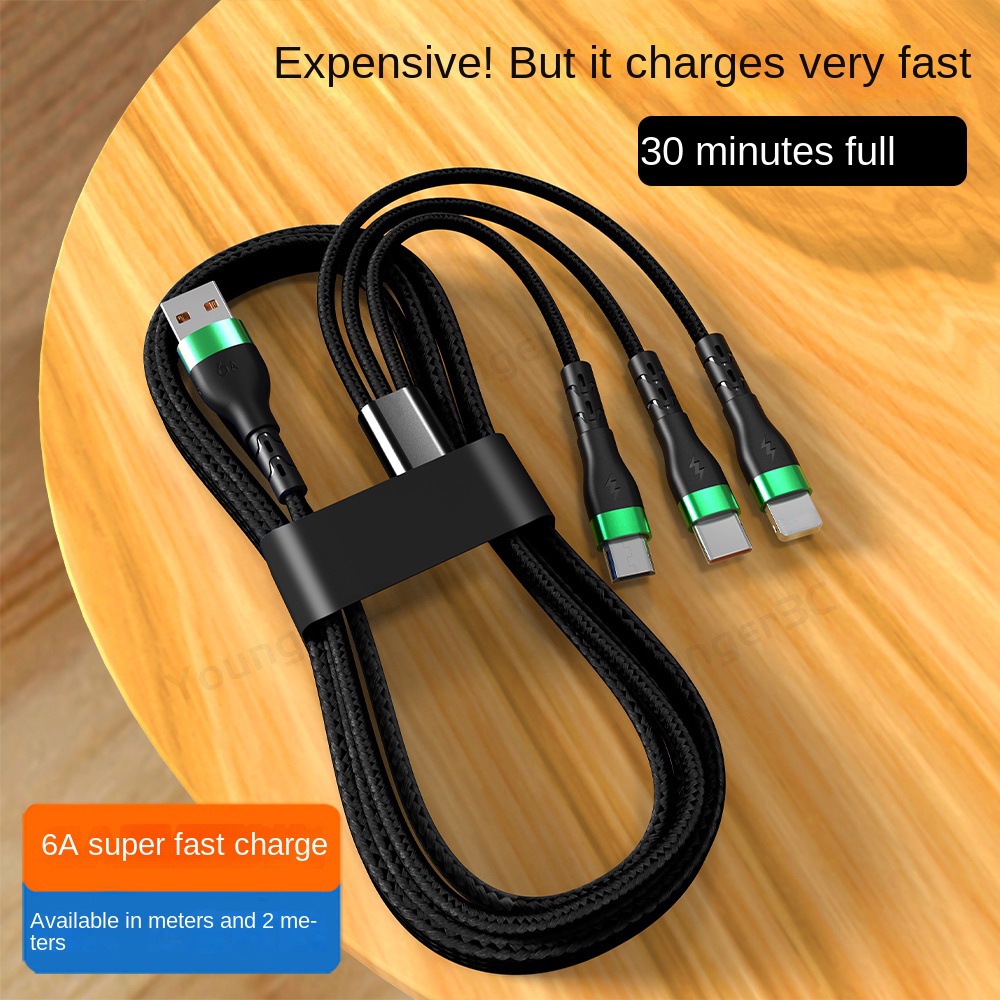 6a Kabel Charger Super Cepat Dengan Lampu Indikator Nylon Braided Data Line 3in1 Kabel USB Ke ios Android type C Untuk Ponsel