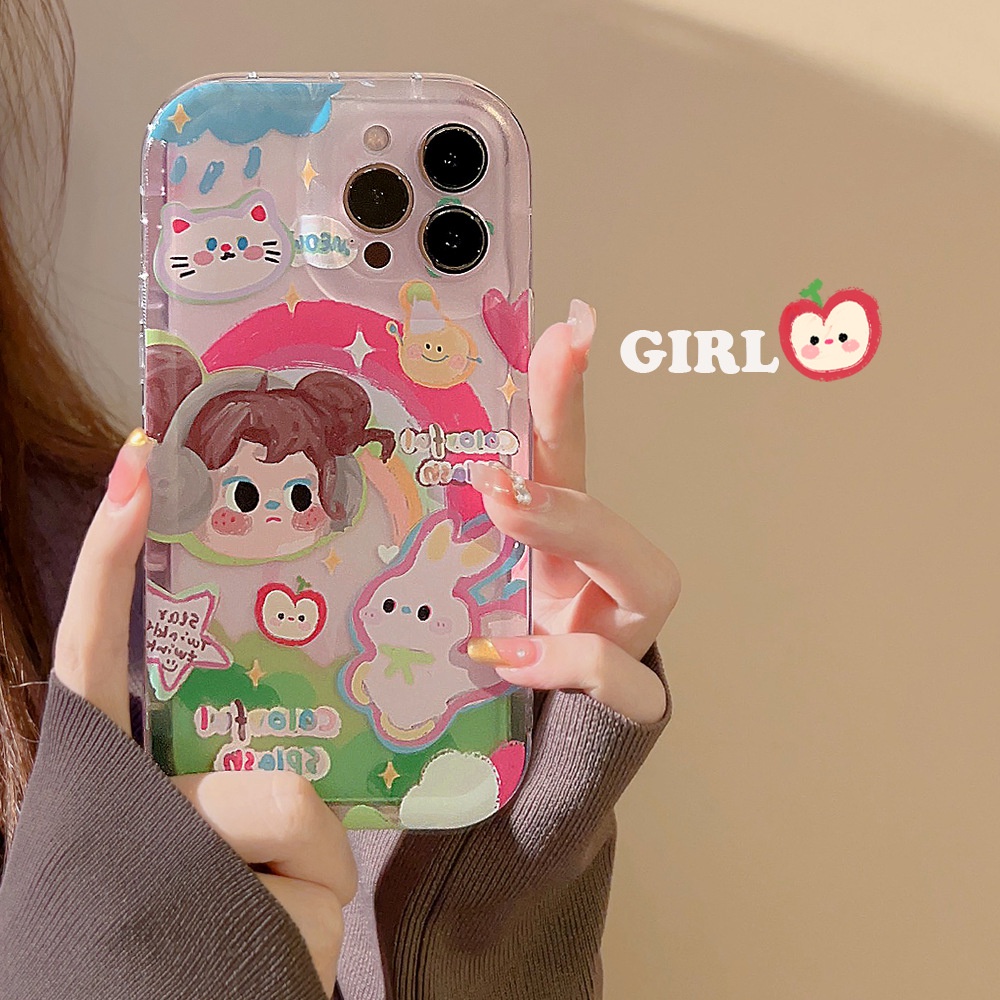 IPHONE Kartun Lucu Pelangi Earphone Gadis Lukisan Minyak Perlindungan Penuh Casing Ponsel Soft Covers Untuk Iphone11 12 13 14 PLUS PRO MAX Shockproof Shell