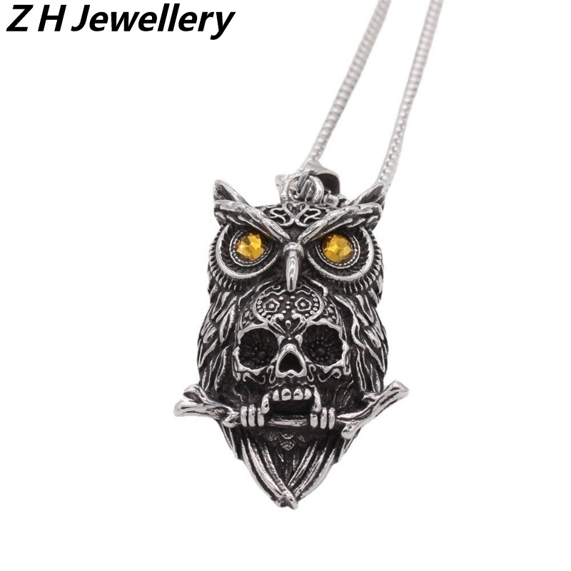 [Z H Perhiasan] Vintage Pria Fashion Stainless Steel Owl Tengkorak Liontin Kalung Hip Hop Pesta Baja Titanium Perhiasan Aksesoris