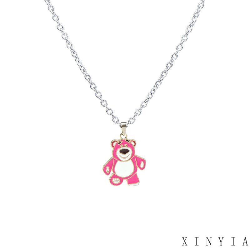 【Bayar di tempat】Cute Pink Strawberry Bear Necklace Kalung Perhiasan Wanita Liontin Pakaian Gadis Fashion Liontin