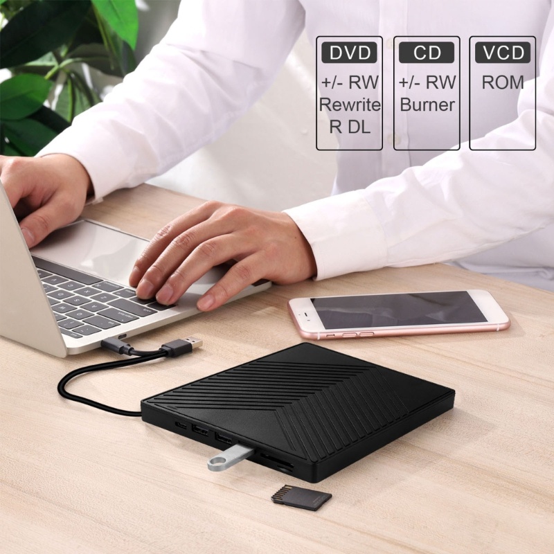 Zzz External DVD Burner Portable Writer Usb30 Type-C Optical Drive ROM Disk Reader 6-in-1 Pembakar DVD Untuk PC Laptop