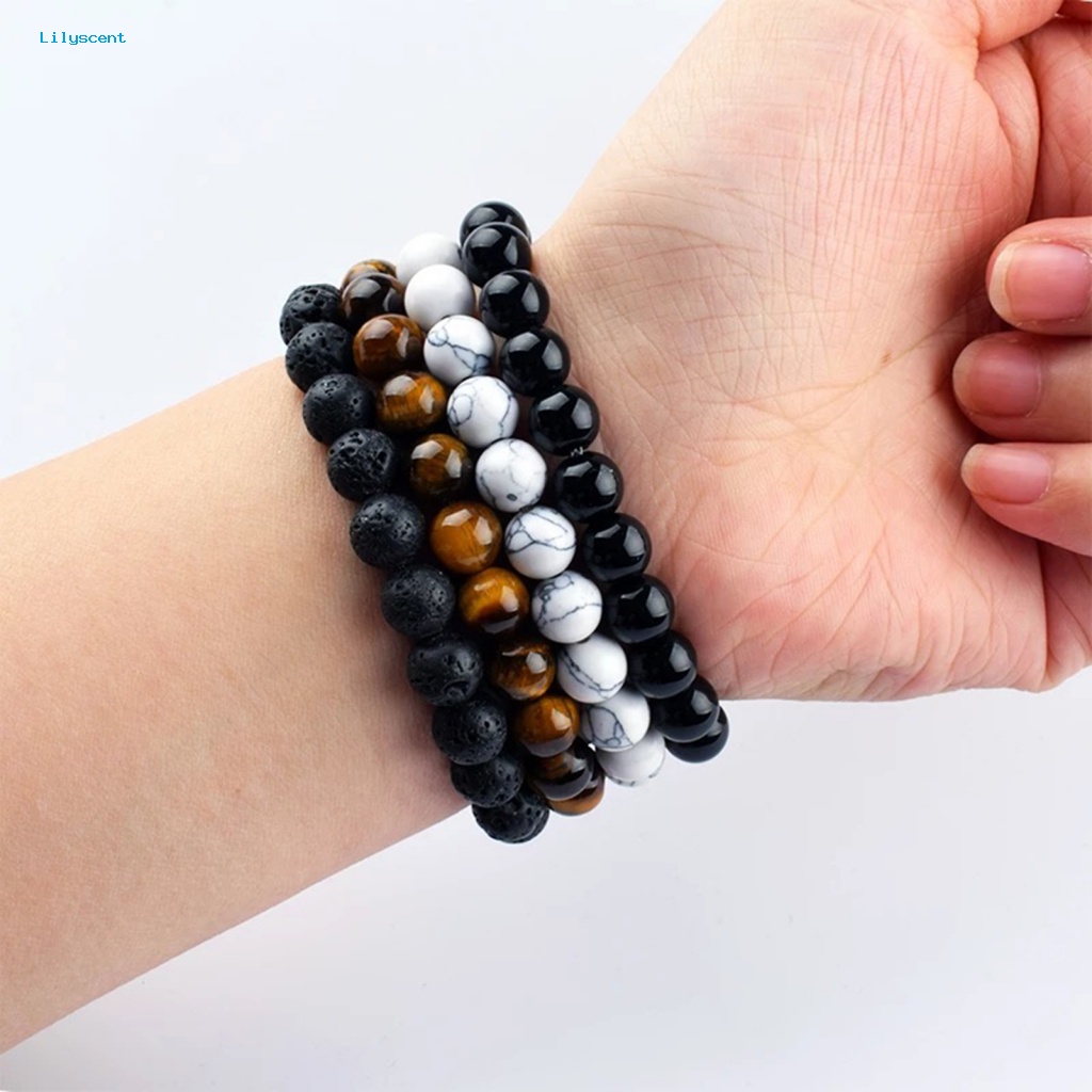 Lilyscent 4Pcs/Set Manik-Manik Pria Gelang Perhiasan Aksesoris Pria Wanita Tiger Eye Bracelet Bulat Beads