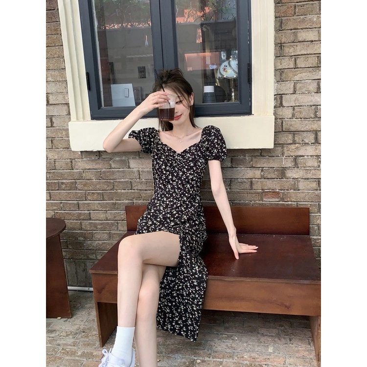 Red French floral dress wanita musim semi dan musim panas baru hitam high-end rok panjang celah temperamen desain akal ceruk istirahat teh