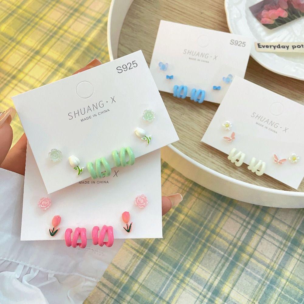 Needway Anting Perempuan set Lucu Retro 3pasang /set Hadiah Trendi Bunga Elegan Musim Semi Fashion Perhiasan