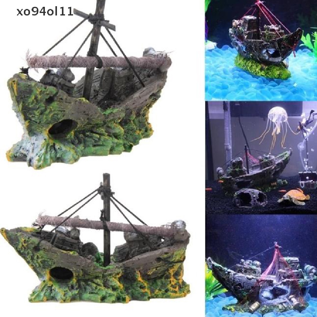 Xo Aquarium Ornamen Kunci Pas Kapal Tenggelam Kapal Layar Perusak Ikan Cave Decor OL