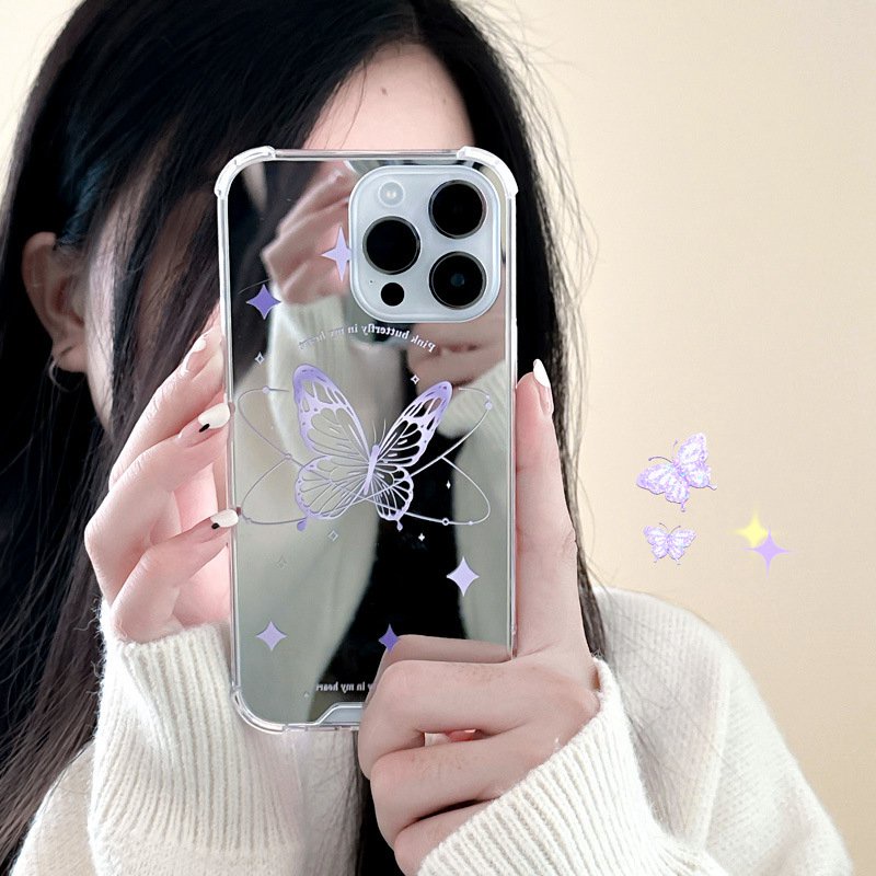 【Anti Fall Mirror】Pretty Silver Makeup Silicone Soft Case Iphone 6S 7 8 Plus X XR XS Max IPhone 11 12 13 14 Pro Max 14 Plus 7+ 8+ 12 13 mini for Women Girl Ins Purple butterfly