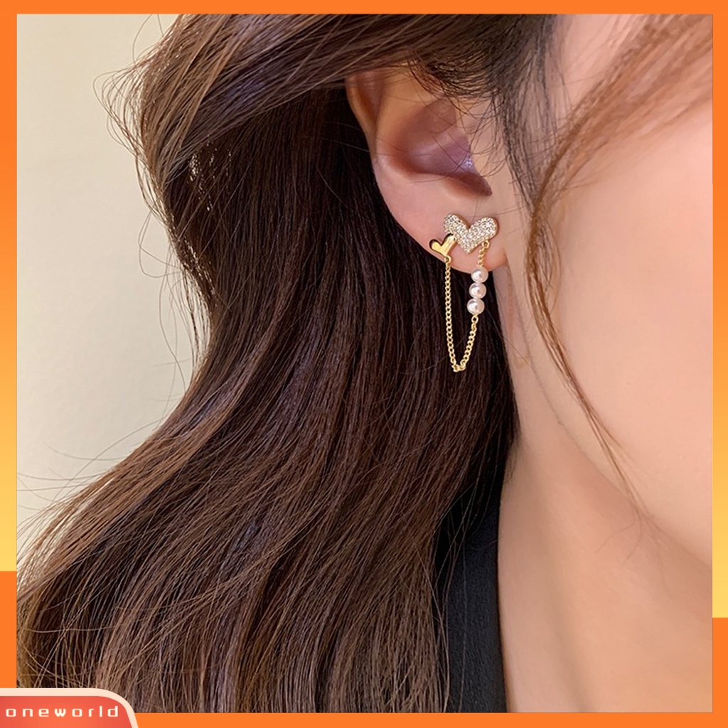 [EONE] 1pasang Anting Wanita Bentuk Hati Mutiara Imitasi Rumbai Rantai Glossy Dekorasi Telinga Berlian Imitasi Mengkilap Permukaan Halus Pesta Women Earrings Women Jewelry