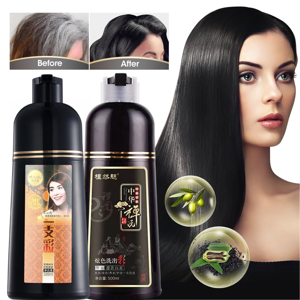 Shampoo Pewarna Rambut/Shampoo Semir Rambut Penutup uban Herbal/Shampoo Warna ZEN ZHI RAN MEI Original 500ml Hair Color(Bisa Menutupi uban)Hair Dye Black/Brown