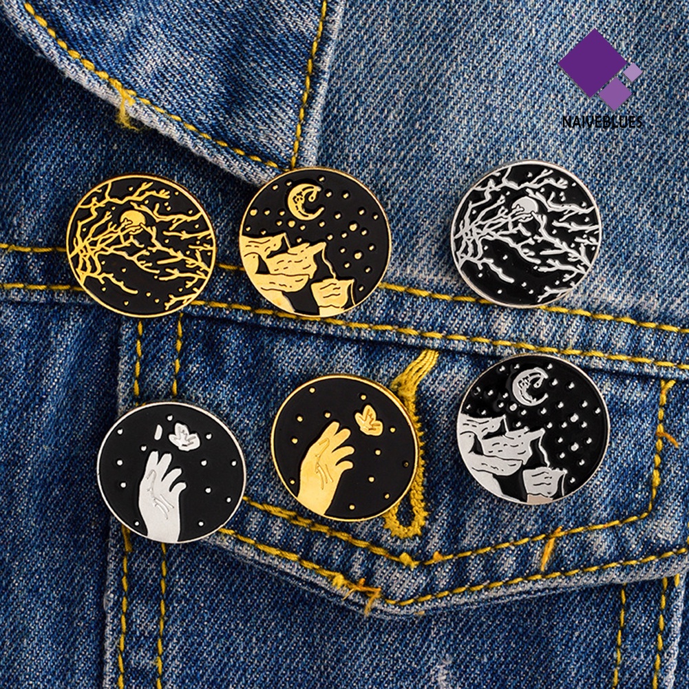 &lt; Naiveblues &gt; Enamel Bulat Retro Bulan Bintang Belati Aksesori Denim Jaket Bros