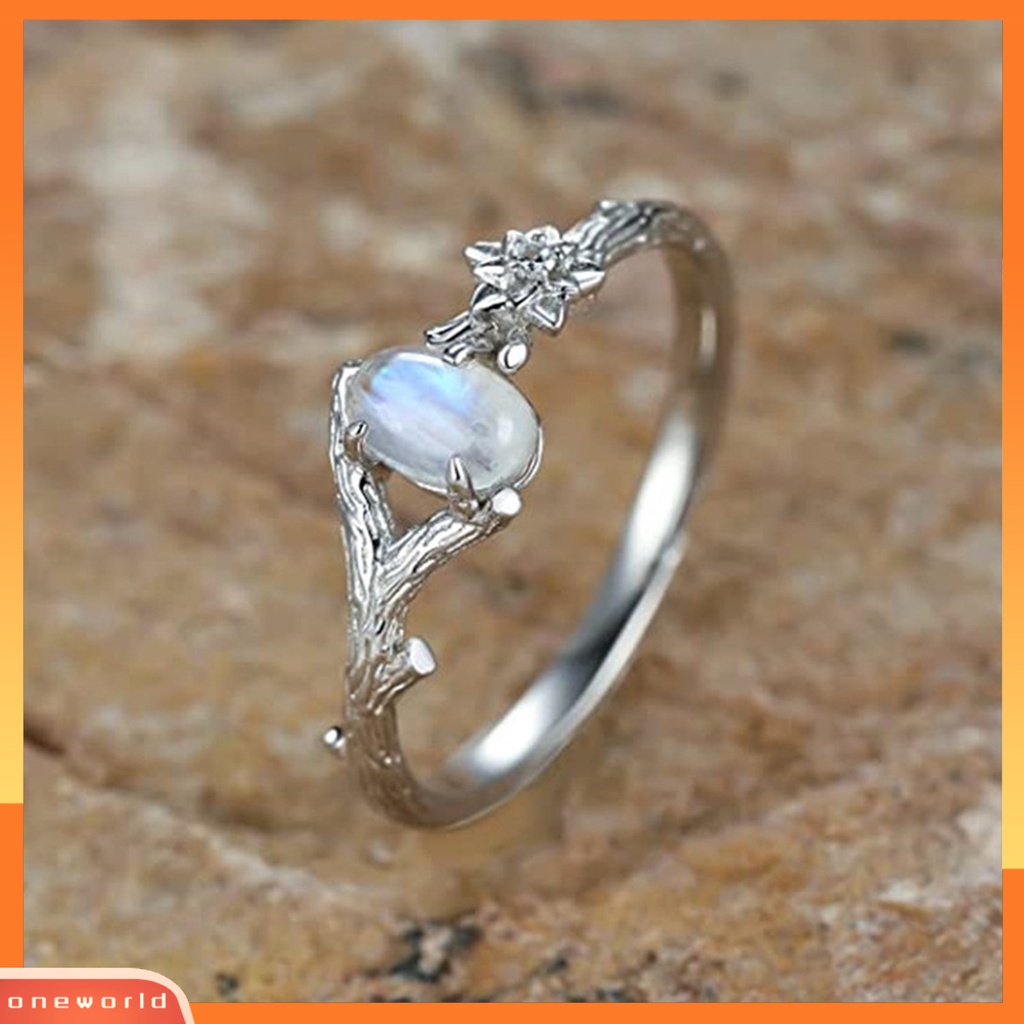 [EONE] Wanita Cincin Batu Alam Warna Perak Ukiran Pohon Cabang Bunga Vintage Faux Moonstone Bertatahkan Jari Cincin Fashion Perhiasan