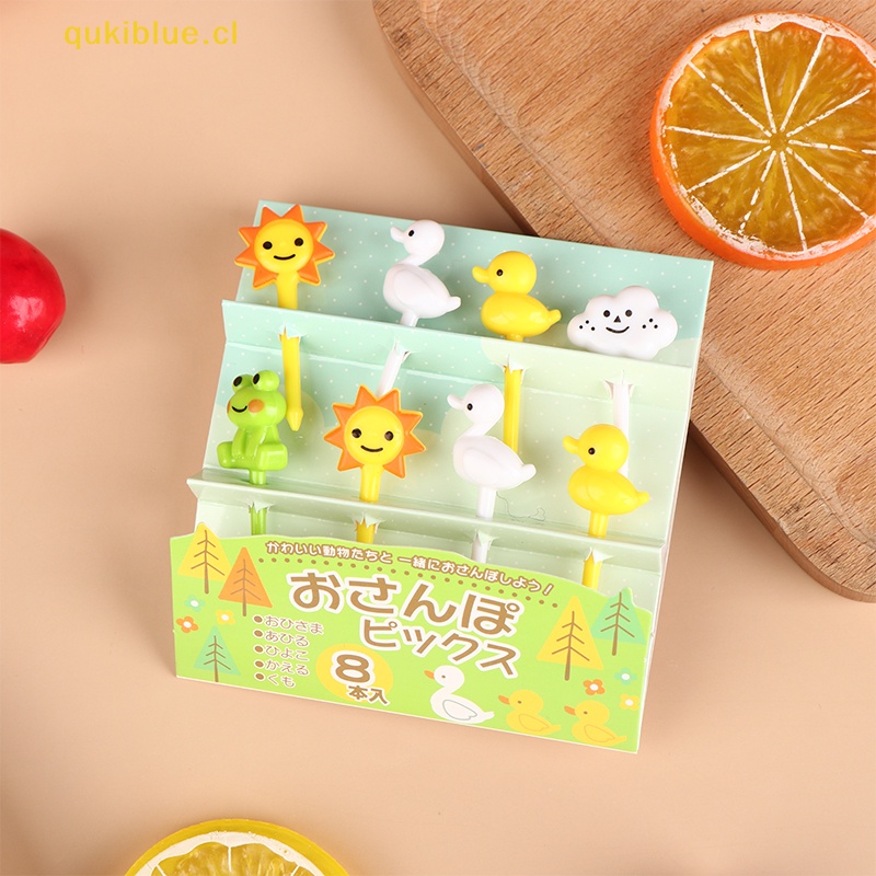 Qukiblue 8pcs Set Garpu Buah Hewan Kartun Mini Anak Snack Kue Dessert Stick Tusuk Gigi cl