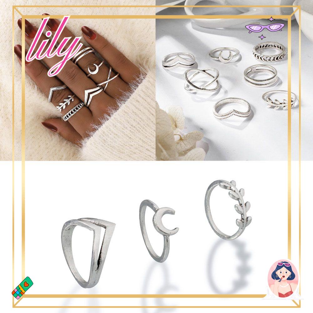 Lily 7PCS/Set Cincin Set Punk Rock Wanita Cincin Jari Tipis Warna Silver