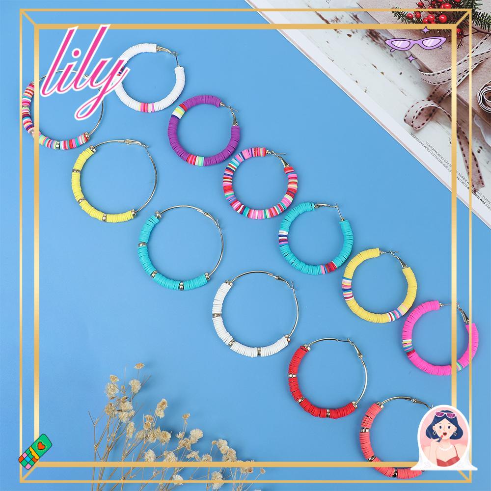 Lily Lingkaran Hoop Earrings Hadiah Aksesoris Wanita Perhiasan Pesta Flat Bulat Polymer