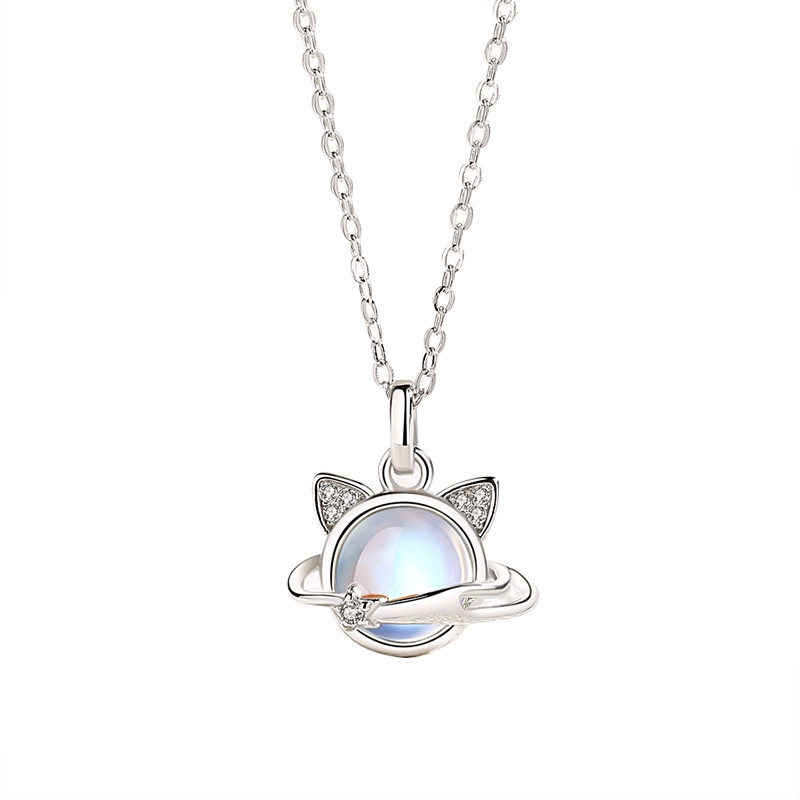 Sterling Silver Hug Planet Kucing Kalung Perempuan Musim Panas Gaya Baru Niche ins Moonstone Pendant Influencer Rantai Klavikula