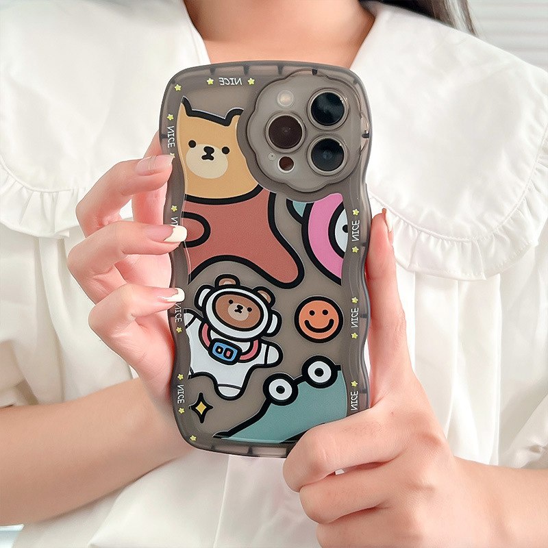 【Flower Camera】Astronaut Bear Soft TPU Case HP iP iPhone 11 12 13 14 Pro Max 7 8 + Plus SE 2020 X XS XR Max Black Clear FTD Casing Apple