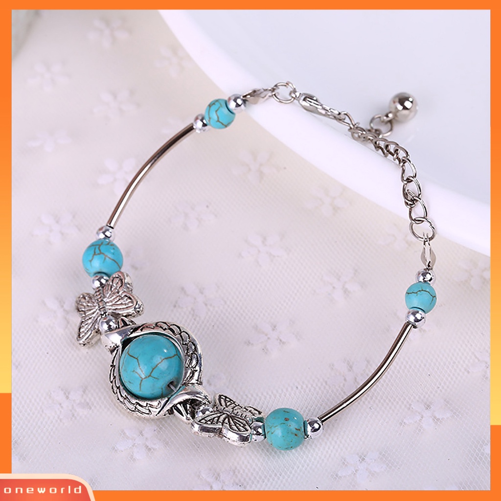 [EONE] Kupu-kupu Dekorasi Adjustable Unisex Gelang Alloy Handmade Turquoises Beads Retro Gelang Perhiasan Aksesoris