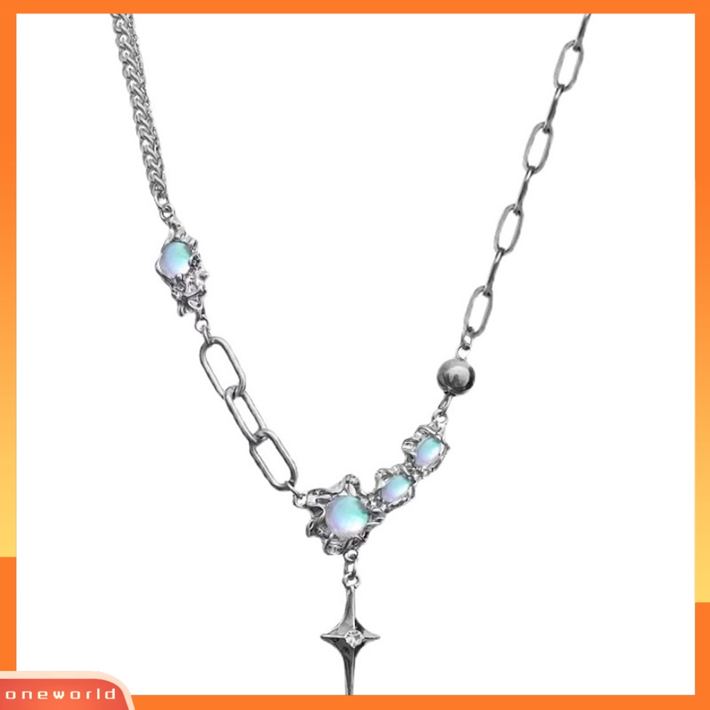 [EONE] Wanita Kalung Faux Moonstone Bright Luster Hias Adjustable Semua Pertandingan Hadiah Perhiasan Baja Titanium Lady Bintang Berujung Empat Liontin Kalung Rantai Klavikula Untuk Pakaian Sehari-Hari