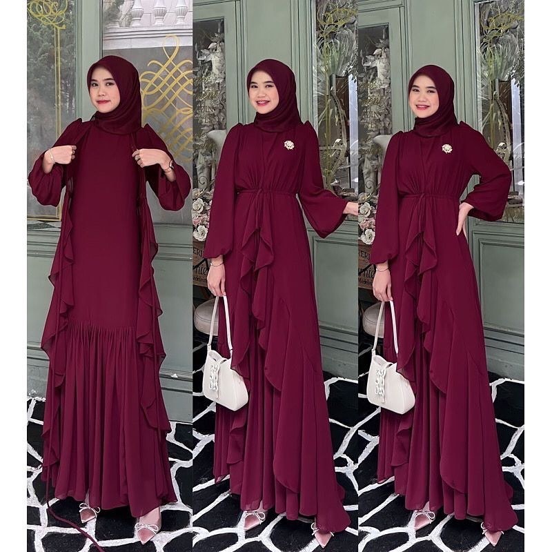 Shena Long Dress Gamis Ceruty Babydoll Set Dress + Outer Brukat