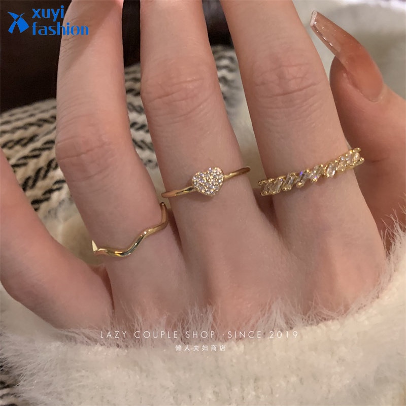 3pcs/set Cincin Hati Korea Cincin Zirkon Emas Elegan Untuk Wanita Aksesoris Perhiasan Fashion