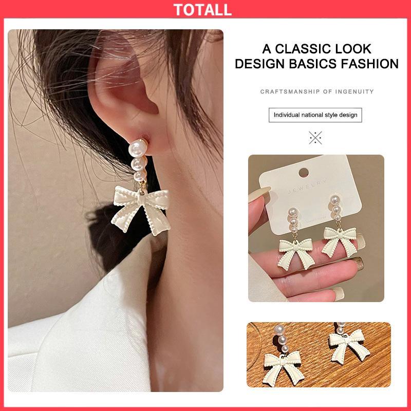 COD Anting S925 Simpul Busur Mutiara Perak Off-white Desain Anting Rasa untuk Wanita-Totall