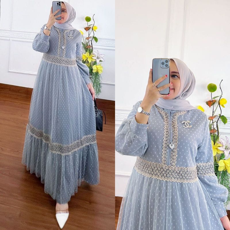 GAMIS STORE - Khalisa Dress Maxy Gamis Tille Dotty Lapis puring Aksen Renda Brukat Ld 110 Fit To XL Fashion Muslim Gaun Maxi Wanita Pesta Kondangan