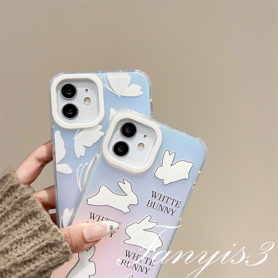 Compatible For IPhone 14 13 12 11 Pro Max X XR Xs Max 8 7 Plus SE 2020 Kompatibel Untuk White Rabbit Butterfly IMD Laser Gradient Phone Case TPU Lembut Shockproof Cover Pelindung