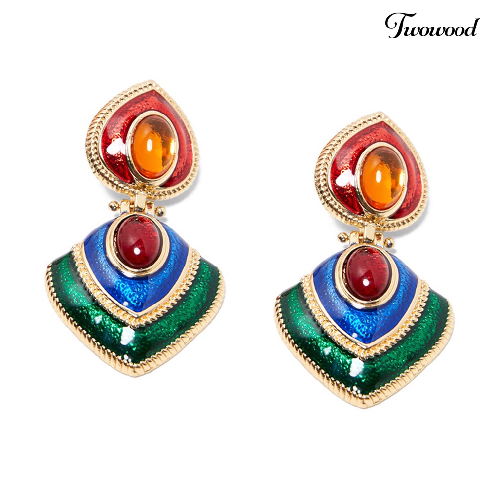 Twowood Wanita Permata Imitasi Hias Enamel Hati Menjuntai Multicolor Stud Earrings Perhiasan Hadiah